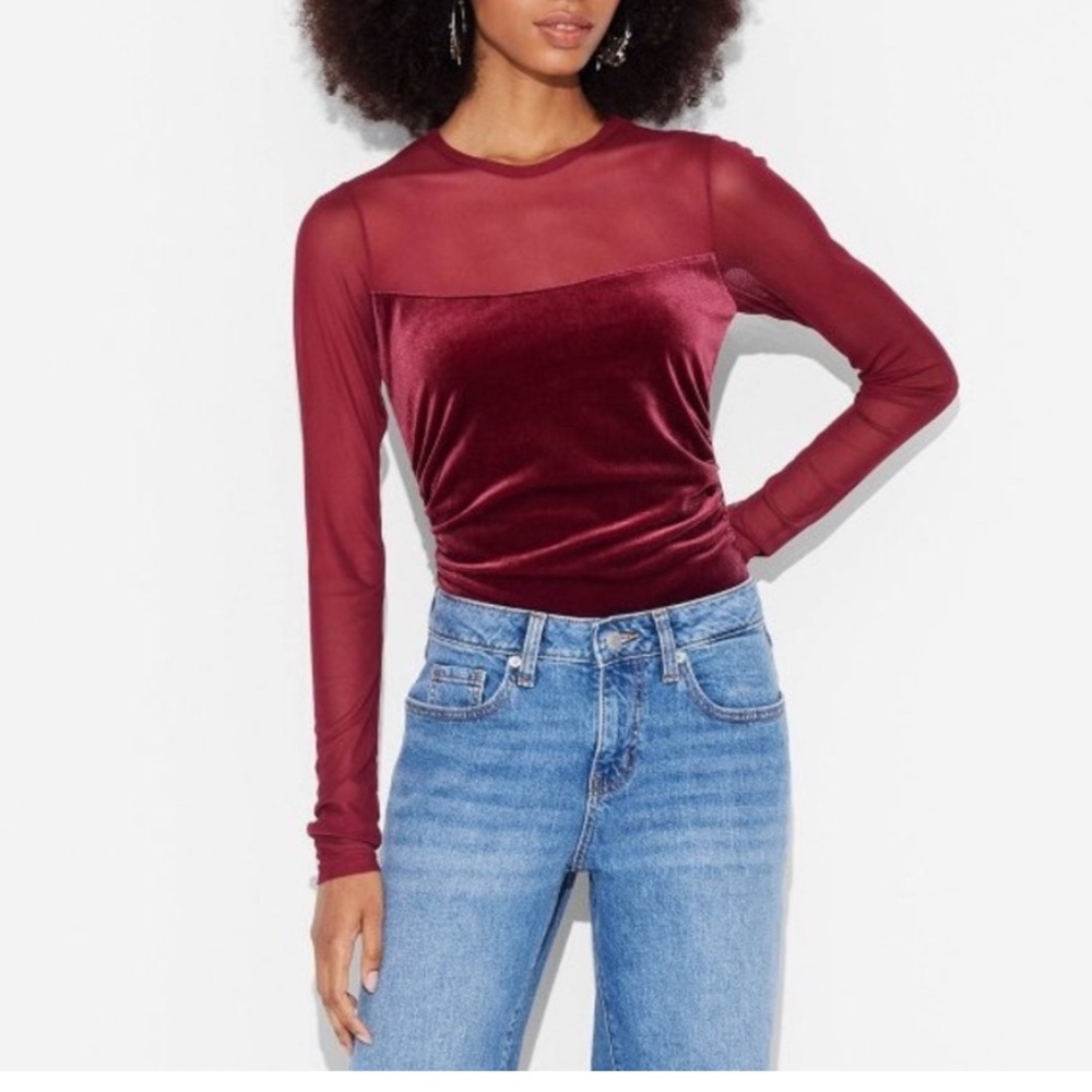 Wild Fable Burgundy Red Velvet Sheer Sleeves Top Size L